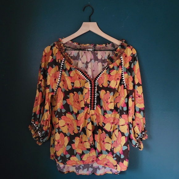 Tropical Hibiscus Floral Mesh Ruched Top - Sunday Edition